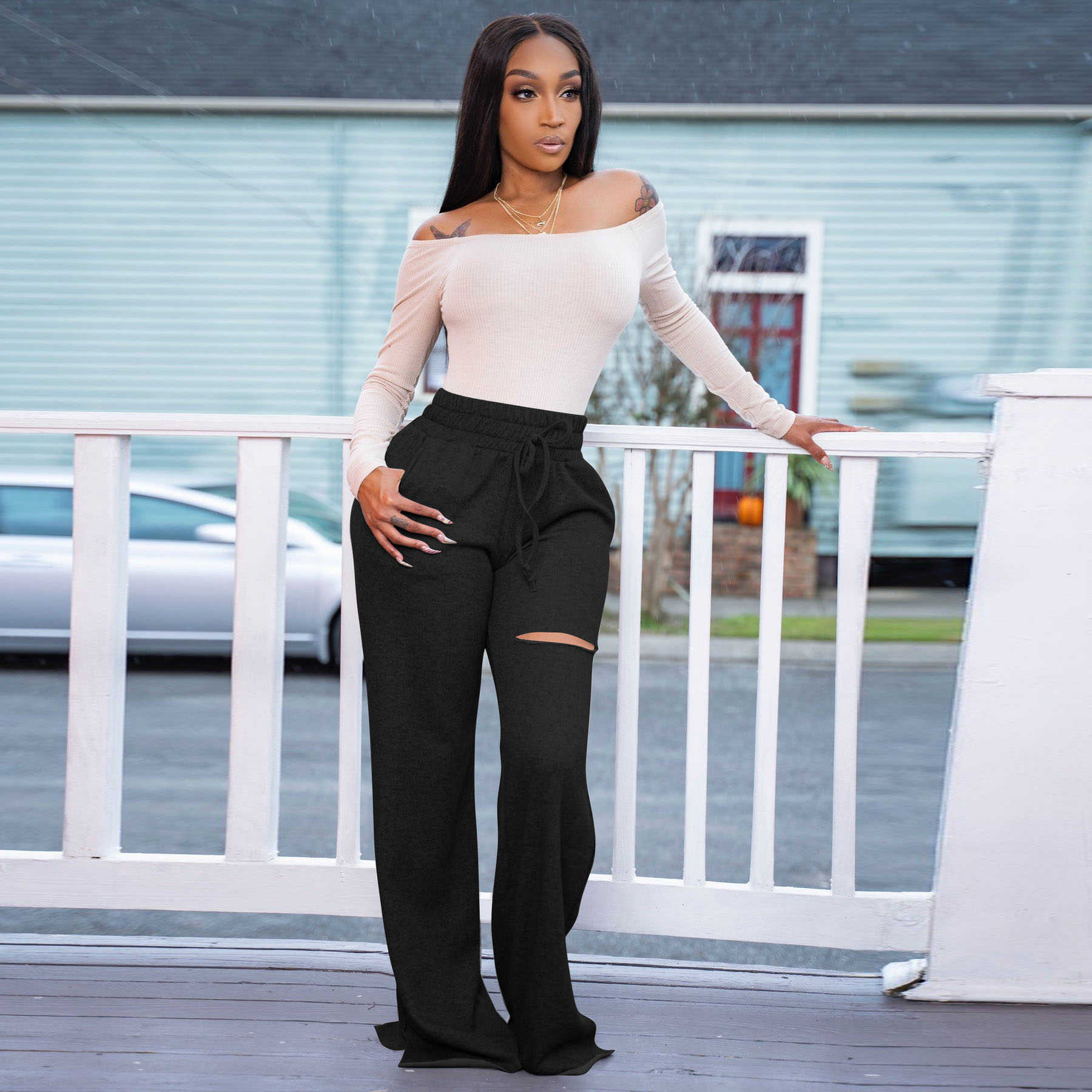 Strike High-Waisted Wide Leg Drawstring Distressed Sweatpants Castello Clothing Line